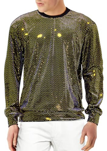 Casey Kevin Herren Pailletten Langarmshirts in Gold und Silber, Glänzende Oberteile für Männer, Party Karneval Disco Club Kostüm