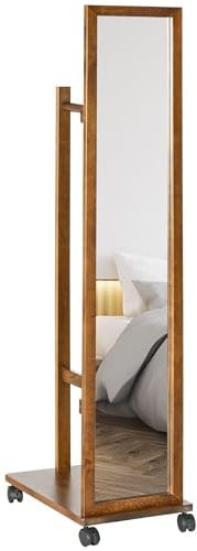 HOMCOM Specchio da Camera e Ingresso con Ripiano Inferiore, Armadio a Specchio con Binario e 4 Ruote, in Legno e Vetro, 35.5x49.5x167.8 cm, color Noce