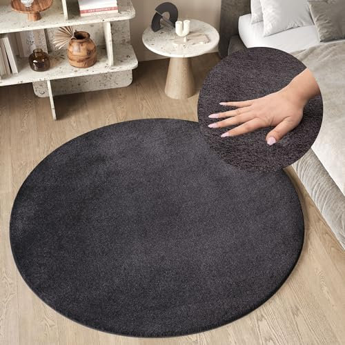 TAPISO Cuddle Teppich Rund Hochflor Dunkelgrau Anthrazit Langflor Shaggy rutschfest Waschbar Wohnzimmer Schlafzimmer Kinderzimmer ÖKOTEX 100 x 100 cm