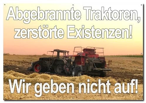 Protestbanner für Demo Landwirtschaft - Banner für Bauernprotest (Abgebrannter Traktor 2)