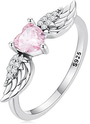 Herz Ring Silber 925 für Damen Ringe Engel Herz Ring Engelsflügel Funkelnde Rosa Herzen Rings für Frauen Größe 52