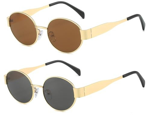 YUELUQU Runde Vintage Sonnenbrille Klassische Retro Metallrahmen Sonnenbrille Oval Punk für Frauen Männer Brille (Gold/Grau+Gold/Tee)