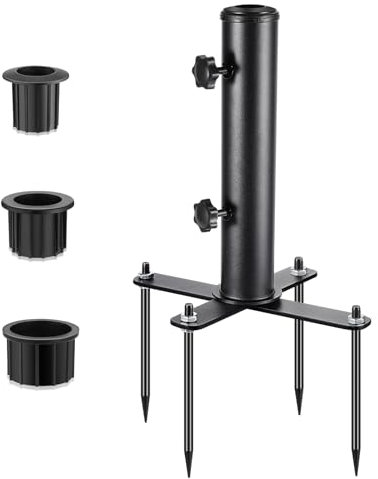 Sonnenschirm Rasendorn, Sonnenschirm Erdspiess, Sonnenschirm Spieß, Sonnenschirm Erdspieß, Spiess, Rasen Schirmständer, Garten Wiese Sonnenschirmständer mit 3 TLG Reduzierring(48/38/32mm), Schwarz