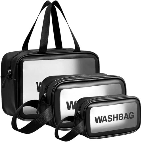 MINSHUXI 3 Pièces Trousse de Toilette Transparente Trousse Transparente Voyage PVC Étanche Trousse de Maquillage Portable Trousse de Toilette Femme Voyage Impermeable Noir
