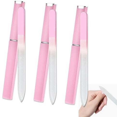 3 Pack Nail Files, Glass Nail File Double Sided Nail Files Professional Gradient Pink Color Crystal Nail File with Case Fingernail/Toenail Caring Tools for Natural Nails