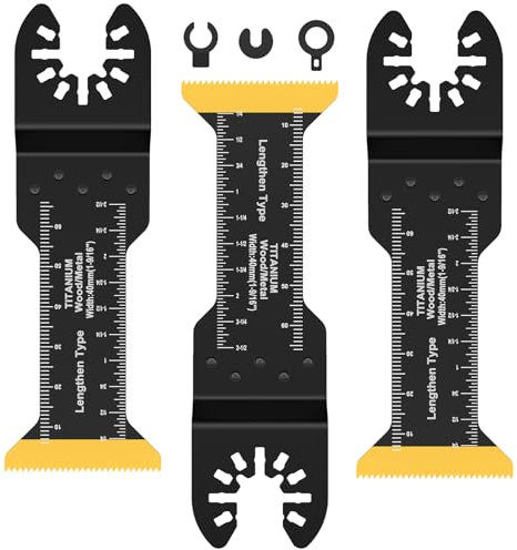 3Pcs Extra-Long Titanium Bi-Metal Oscillating Saw Blade Set Multifunctional Oscillating Multitool Blades Universal Cutting Oscillating Tool Blades with 3 Spacer Adapters for Wood US