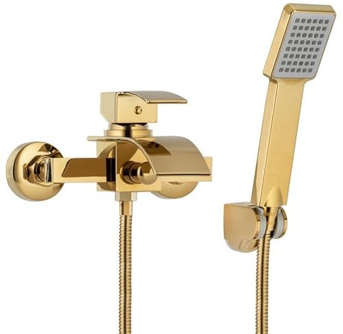 Yoka Home - Badewannenarmatur mit Handbrause mit Schlauch - Wasserhahn für Badewanne Wasserfall - Wannenarmatur - Wandmontage - Gold