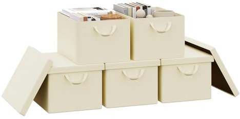 WOLTU Aufbewahrungsbox mit Deckel 5 Stück, aus Polyesterstoff, für Schlafzimmer, Arbeitszimmer, Wohnzimmer, Organizer Box mit Griffen, für Kleidung Spielzeug, faltbar, Creme, 43x26x33 cm