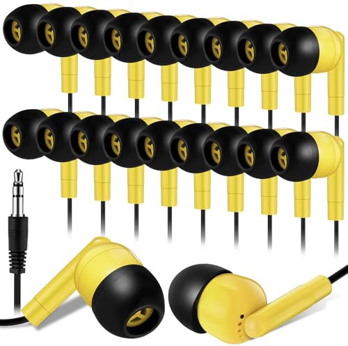 Kanayu 100 Pack Wired Earbuds Bulk Earbuds for Classroom Ear Headphones Wired Basic Student Earbuds No Microphone with 3.5 MM Jack for Kids Schools Libraries Laptop, Individually Bagged(Yellow)