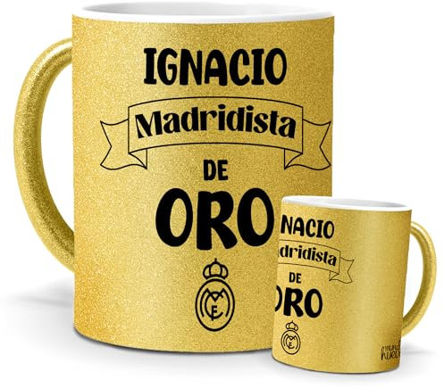 Taza real madrid personalizada | Tu nombre + Madridista de oro | regalo original merengues | Para niños y mayores | Cerámica Purpurina oro | Tazas de Café, Té... | Tazas equipos de futbol | 350 ML