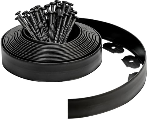 10m Garden Lawn Edging with 30 Pegs, 5cm High Lawn Garden Edging Border with Heavy-Duty Ground Stakes Flexible Flower Bed Edging Professional Landscape Dividers for Yard Flowerbeds (Black, 10m)