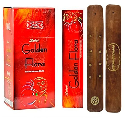 Aromasenses | Incienso Golden Flora Balaji Masala Caja Completa + 1 Tablilla Aromasenses - Natural | 15 gr x 12 cajetillas = 180 gr | Relajación | Meditación | Yoga