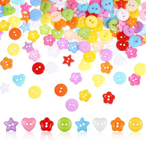 Giantree 200 Stück Bunte Knöpfe Zum Basteln, Knöpfe Bunt 15mm Kinder Knöpf 2 Löcher Knopf Verschiedenen Bastelknöpfe Blumen Nähknöpfe Herzknöpfe Für DIY Nähen Handwerk Scrapbooking