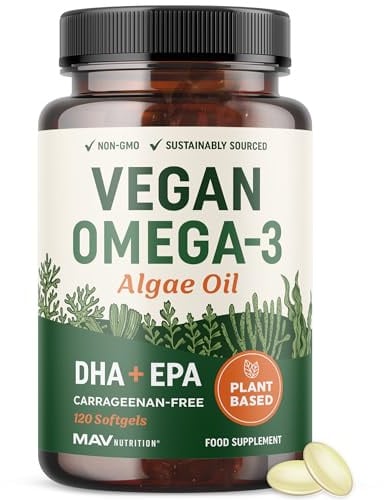 Vegan Omega 3 Algae Oil, Plant Based DHA EPA, Sustainably Sourced, Non GMO | No Carrageenan, Heart Brain & Eye Health Support, Fish Oil Alternative, Algae Omega 3 Supplement, 120 Softgels (60 Servings)