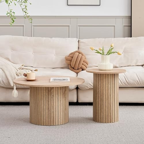 GrandCA HOME 2er-Set Runder Couchtische, Runder Sofa-Beistelltisch, MDF-Platte mit Holzlattenrost, Geeignet für Wohnzimmer und Büro (Naturholzmaserung)