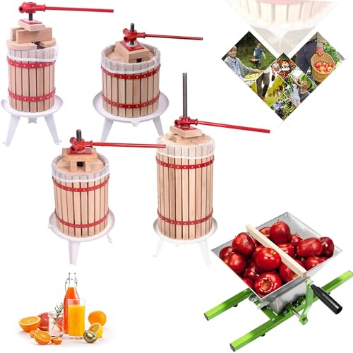 ROSEJANE Traditionelle Handbetriebene Fruchtsaftpresse & Obst-Beerenmühle-Set – 18L Presse-Optionen + 7L Obstmühle, Manuelle Bedienung, für Äpfel Trauben Beeren Weinpresse