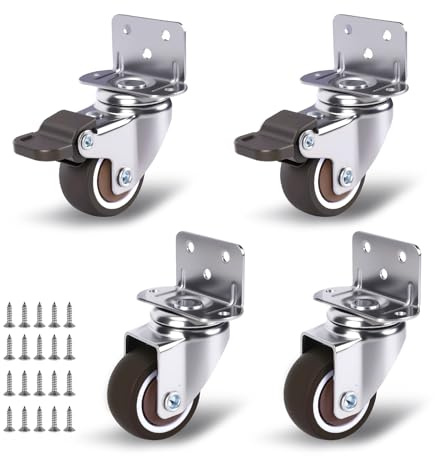 1 Inch Small Caster Wheels Set of 4, L-Bracket Casters Low Profile Side Mount Casters, Swivel Rubber Castors for Furniture, Underbed Drawer, DIY Project, Capacity Lbs: 97 Lbs (with 2 Brakes)