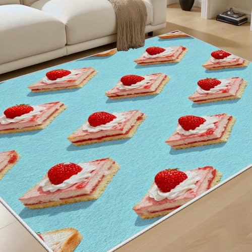 RRUxiia Erdbeere Kuchen Teppich Tinderzimmer Kurzflor 180x240 cm Sahne Essen Muster Carpet rutschfest Unterseite Waschmaschine Dessert Teppich für Bettvorleger Schlafzimmer Wohnzimmer