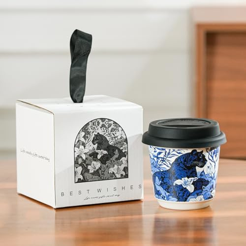 Hosoncovy 200ML Reusable Ceramic Coffee Cup with Silicone Lid,Leopard Pattern Small Travel Coffee Mug Tea Cup (Blue)
