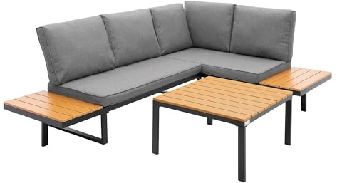 ML-Design Trädgård Lounge Möbelset 3 delar Grå trälook Utomhussoffa med soffbord och komfortkuddar Premium väderbeständig hörnsoffa modulär sittgrupp för trädgård terrass balkong och uteplats