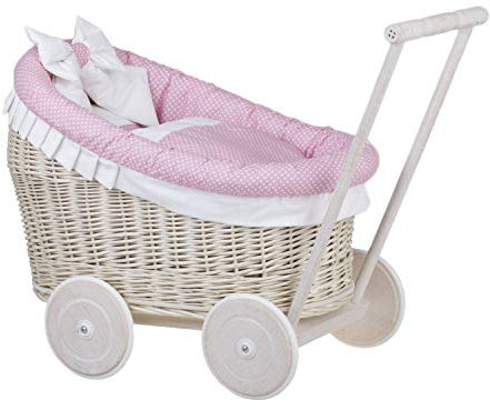 e-wicker24 Alles aus Weide Puppenwagen aus Weide mit Bettwäsche perfekte Geschenkidee Korbpuppenwagen schöner Spielzeug aus Korbgeflecht Korbwagen für Puppen Spielzeug für Mädchen (Creme, Pink)