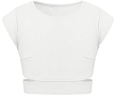 Freebily Kinder Mädchen Crop Top Stretchy Cutout Taille Tank Tops Bauchfrei Tanz Oberteil Ballett Top Workout Fitness Kleidung Elfenbein 146-152
