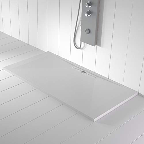 Plato de ducha blanco de mármol, desagüe lateral, superficie de efecto piedra pizarra, serie Niza, Slim 3 cm, revestimiento de Gelcoat, antideslizante