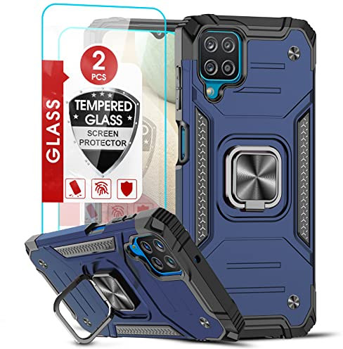 LeYi Hybrid Armor für Samsung Galaxy A12/M12/A12 Nacho Hülle mit 2 Stück Schutzglas, Militär Standard Handyhülle Stoßfest Kratzschutz Schutzhülle Tough Case Cover mit Ring Halter Blau