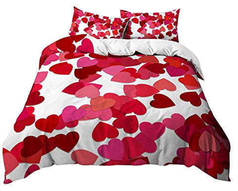Morbuy Set di Biancheria da Letto di Matrimoniale 3D Romantico Amore Stampa Digitale, Doppio Set Copripiumino in Morbido Microfibra con Federa e Copripiumini a Cerniera (Cuore Rosso,140x210cm)