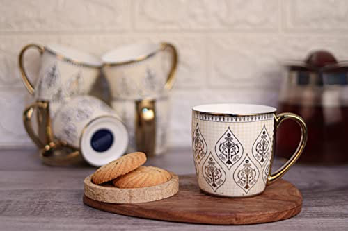Femora Handcrafted Ceramic Coffee Mugs Indian Golden Tea Cups Set of 6 (6 oz), Cappuccino Cups, Coffee Cups, White Tea Cup Set, British Coffee Cups, Porcelain Tea Set, Latte Cups, Espresso Mug.