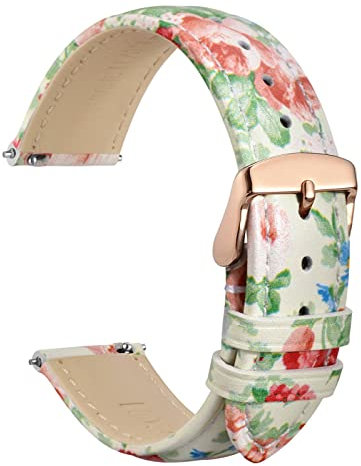 WOCCI 20mm Blumen Uhrenarmband für Damen, Echtes Leder, Schnellverschluss, Roségoldener Schnalle (Weißer Garten)