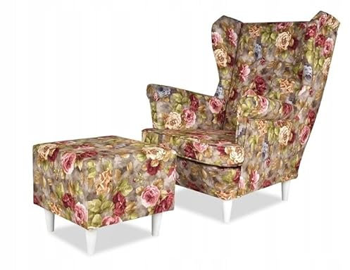 Family Meble Ohrensessel mit Hocker, Modell Print, Skandinavisch, Relaxsessel aus Webstoff, Loungesessel, Ohrensessel mit Hocker, Bequemer Sessel, Für Wohnzimmer, Esszimmer, Schlafzimmer, Rosen 1