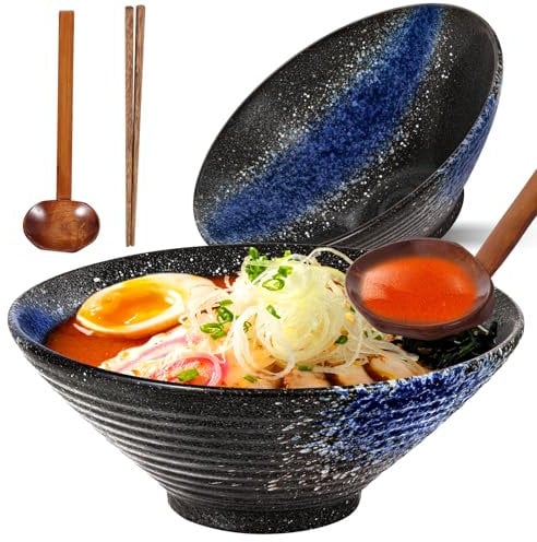 Sosayet Ramen Schüssel Keramik, 2 Sets Ramen Bowl mit Löffel und Essstäbchen, Rutschfeste Japanische Schüssel Geschirr für Ramen, Salat, Müsli, 1000 ml, 20 x 20 x 8 cm
