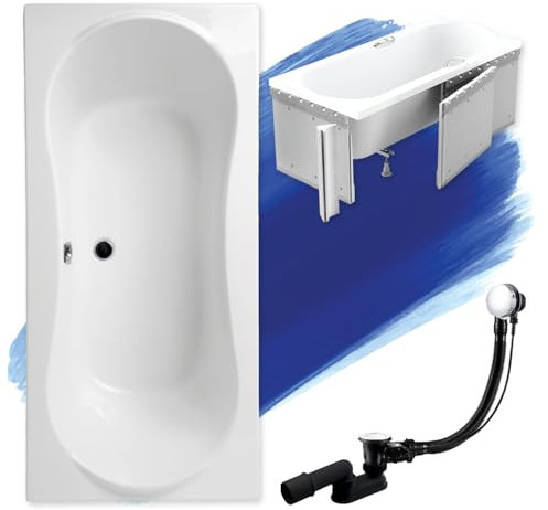 BADLAND Badewanne Original Weiß Acryl Wanne Rechteck LONG 170x80 KOMPLETTSET SET mit Premium Styroporverkleidung + Füßen und Exklusive Chrom Automatik Ablaufgarnitur Made in EU 4in1