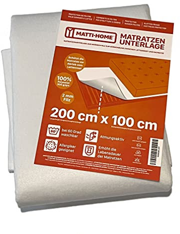Matti-Home Matratzenunterlage aus Filz für den Lattenrost 100 x 200 cm atmungsaktiver Matratzenschoner aus Nadelfilz 100% Polyester Weiß
