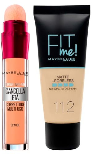 Maybelline New York Instant Anti-Age Cancella Età Correttore Multiuso 02 Nude Applicatore + Fit Me Matte & Poreless Fondotinta Liquido 112 Soft Beige Pelli Normali e Grasse
