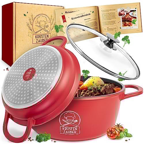 KRUSTENZAUBER Cocotte en fonte d'aluminium de 24 cm avec couvercle - Avec couvercle en verre - Cocotte et poêle en aluminium - 6 l - Idéal pour rôtir à induction