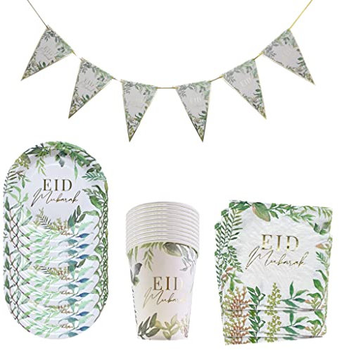 eBoutik - Ensemble de fête pour l'Aïd Al-Adha Kareem - Fournitures de fête jetables élégantes pour le Ramadan - Blanc, doré et vert - 10 assiettes, 10 gobelets, 20 serviettes et fanions pour la
