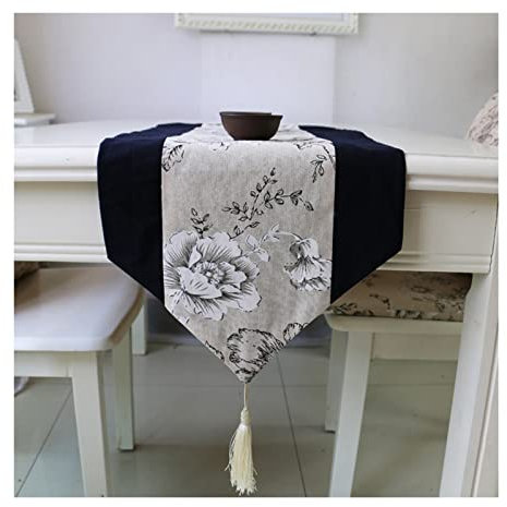 AMDXD Pfingstrose Blumen Spleißen Einfarbig mit Quaste Tischläufer Frühling, Leinen Tischläufer Waschbar, Tisch-Deko Tischband Restaurant Dekorat Geschenk (Dunkelblau Beige, 32x180 cm)