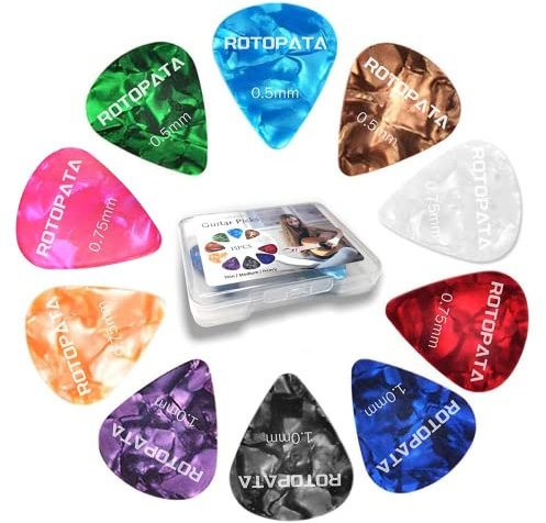 ROTOPATA Celluloid Guitar Picks, 15 Pcs Guitar Plectrums Includes 0.5mm 0.75mm 1.0mm, Thin Medium Heavy Plectrum for Bass Electric Acoustic Ukulele