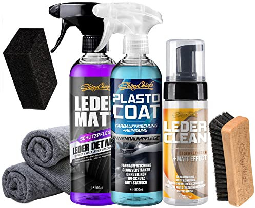 ShinyChiefs LEDER MATT + LEDER CLEAN + PLASTO COAT KOMPLETT SET - Schaumreiniger für Ledersitze und Lenkräder + Versiegelnde Lederpflege mit Matt-Effekt + Farbauffrischung, 2 Mikrofasertücher, Zubehör