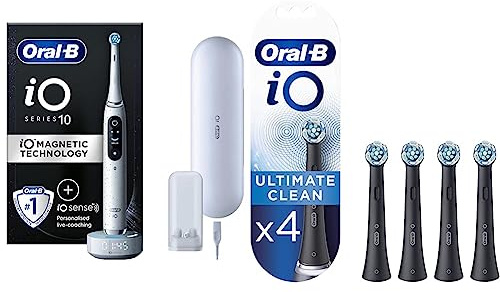 Oral-B iO10 Electric Toothbrush, Gifts for Women/Men, 1 Handle, 1 Ultimate Clean Toothbrush Head White & iO Ultimate Clean Electric Toothbrush Head, Twisted & Angled Bristles Pack of 4, Black