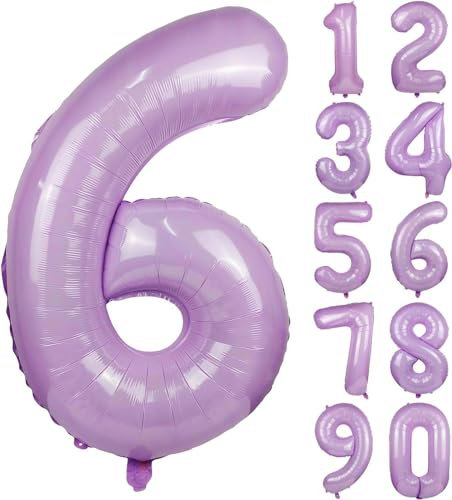 Folienballons * Macaron-Farben * als Zahlen Deko für Geburtstag und Party | XXL-Größe: 100cm | Zahl Luftballons Ballons Folienballon Ballondeko Kindergeburtstag, Edition: Lavendel-Flieder Zahl 6