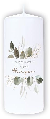 DOLORINO Trauerkerze mit Spruch ...sucht mich in euren Herzen | liebevolles Symbol des Trostes | made in Germany | 120 Std. Brenndauer | 8x20cm