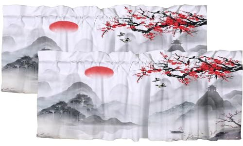 COALHO Asiatische japanische isolierte kurze Vorhänge, Fensterbehandlungen, Vintage-Kirschblüte, Berge, rote Sonne, Tintendruck, für Wohnzimmer, Schlafzimmer, Badezimmer, 138 x 46 cm (L x B x H), 2