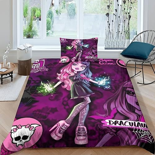 GIOSBR Monster High 3D Gedruckter Bettbezug Set Bettwäschegarnitur Für Kinder Mädchen Jungen Weich Microfaser Und Kissenbezüge Bettwäsche Reissverschluss 2 Teilig Single(135x200cm)