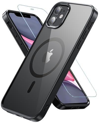 OWKEY iPhone 11 Case, 6.1 Magsafe Tempered Glass, Shockproof Military Grade Drop, Transparent Back Magnetic Slim Bumper Cover, Black