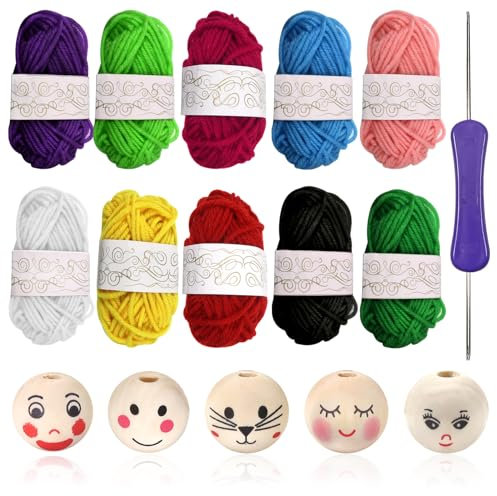 TOAOB Holzperlen mit Gesicht Sorgenwürmchen 50 Stück Lächeln Gesicht Holzperlen 20mm 10 Farbe Bunte Häkelgarn mit 1 Stück Häkeln Anfänger Set Handstrickgarn für Häkeln und Kunsthandwerk