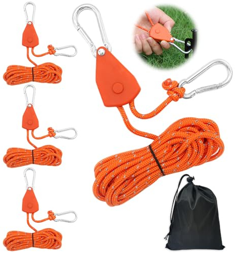 LYPPUL 4 Stück 4 mm Verstellbarer Seil Ratsche, 4 M Abspannseile mit Seilspanner, Einstellbare Seilratsche mit Haken, Einstellbare Ratchet Hanger für Zelt Zeltplane Sonnensegel Camping (Orange)