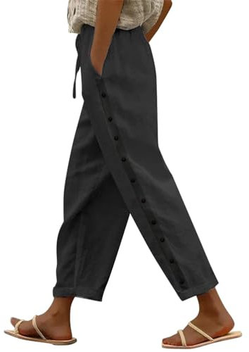shownicer Leinenhose Damen 7/8 Lang Sommerhose Baumwolle Leinen Freizeithose Lässige Einfarbig Stoffhose Loose Fit Strandhose Schlupfhose mit Taschen A Schwarz XL